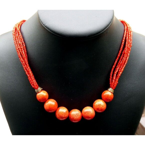 Multi-Strand Red Sponge Coral Beaded Necklace W/ Gold-Tone Accents & Lobster Cla - Picture 1 of 6